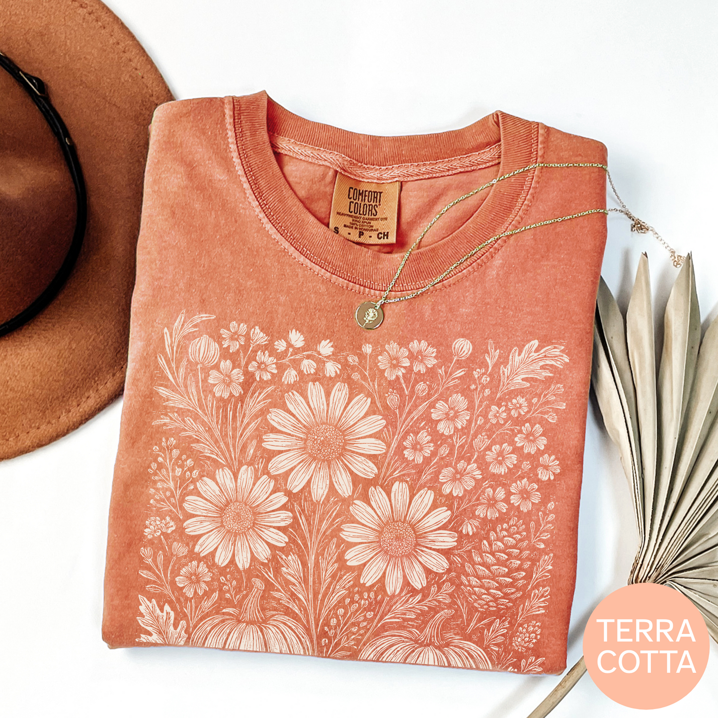 Fall Pumpkin Flower T Shirt Autumn Floral Graphic Tee Thanksgiving Harvest Top