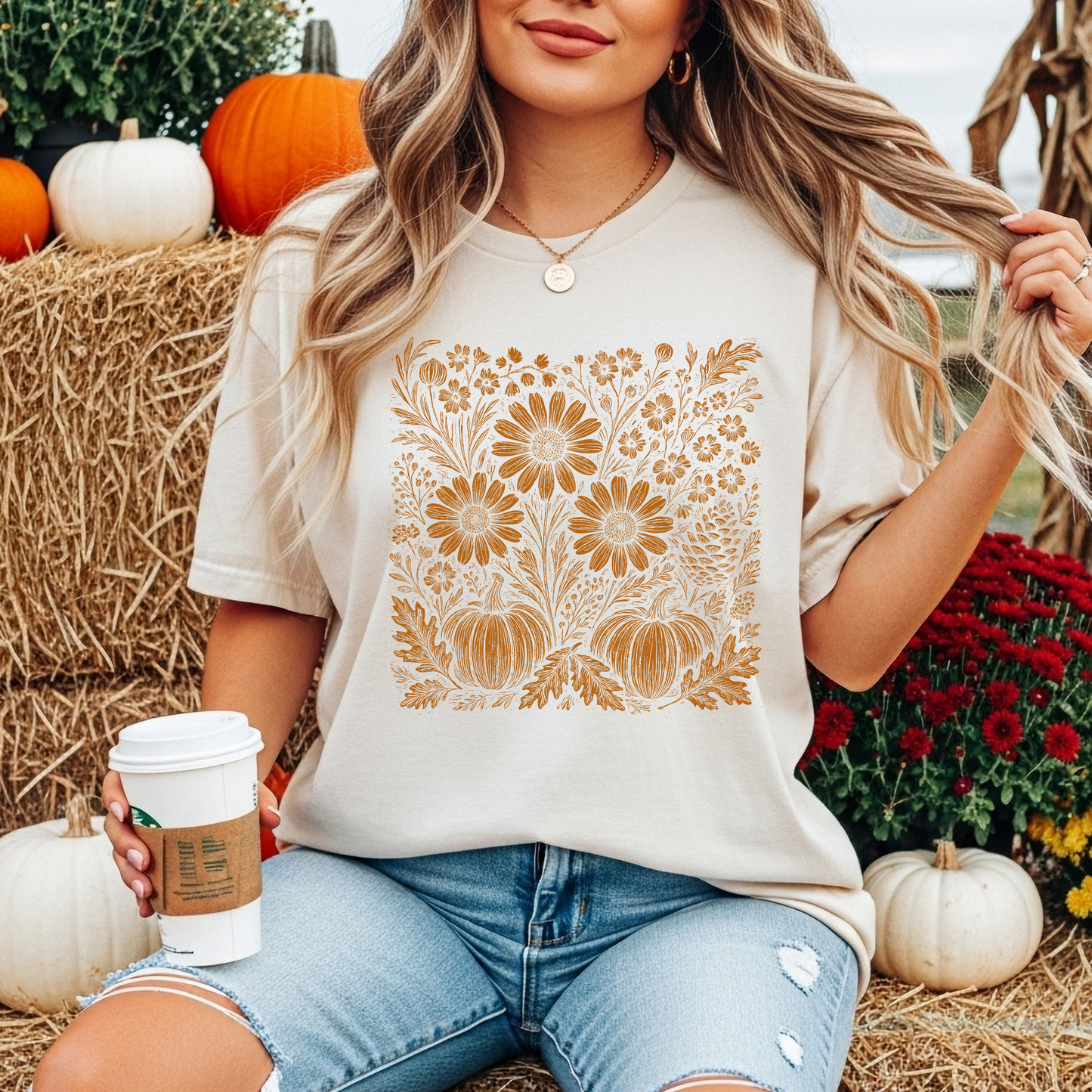 Fall Pumpkin Flower T Shirt Autumn Floral Graphic Tee Thanksgiving Harvest Top
