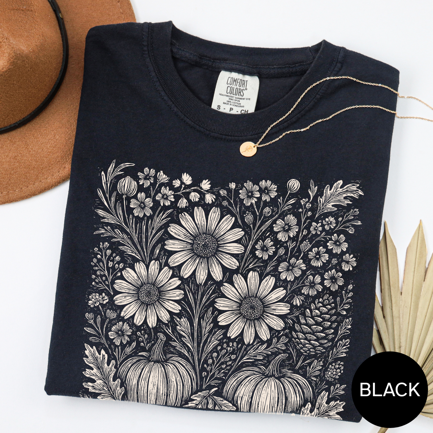 Fall Pumpkin Flower T Shirt Autumn Floral Graphic Tee Thanksgiving Harvest Top