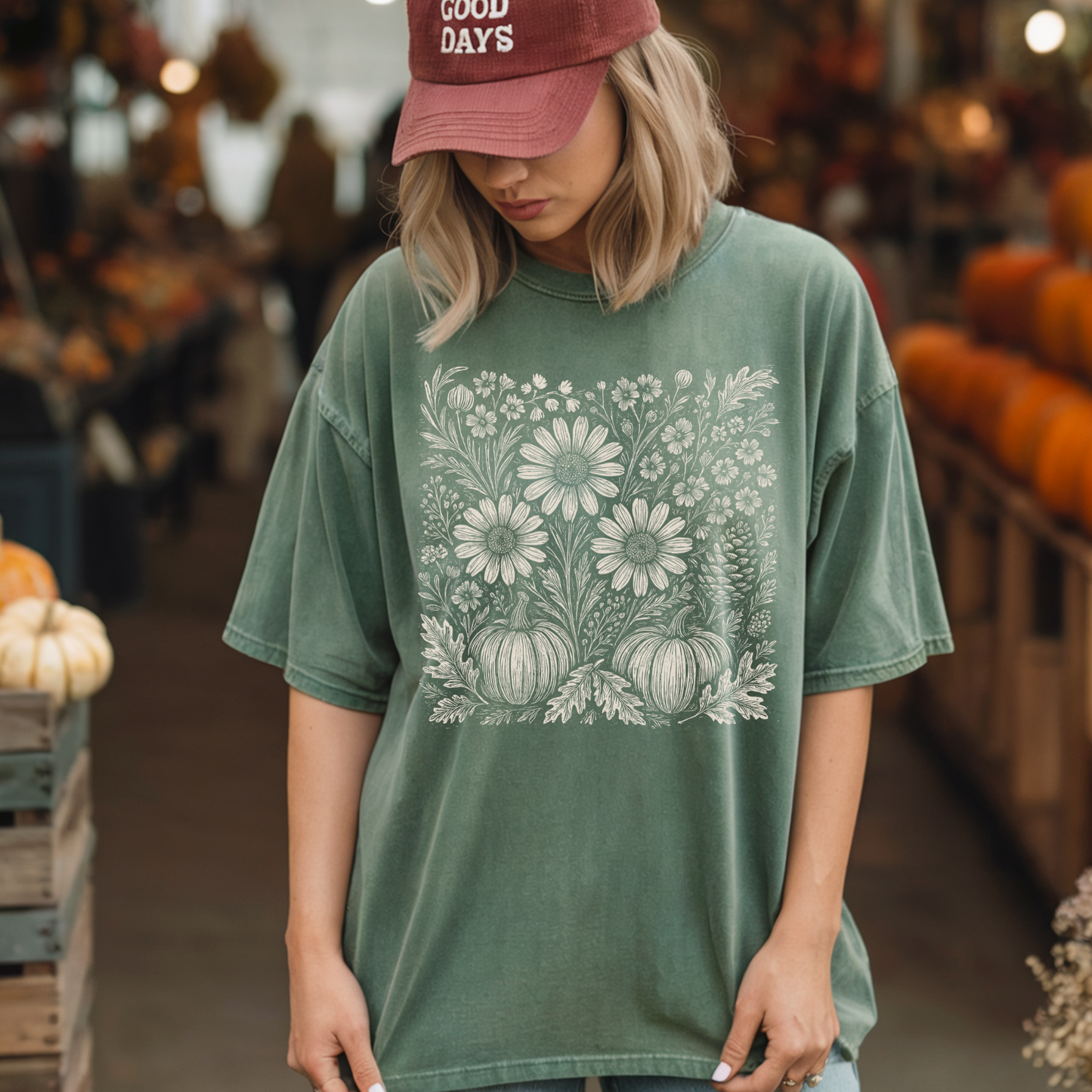 Fall Pumpkin Flower T Shirt Autumn Floral Graphic Tee Thanksgiving Harvest Top