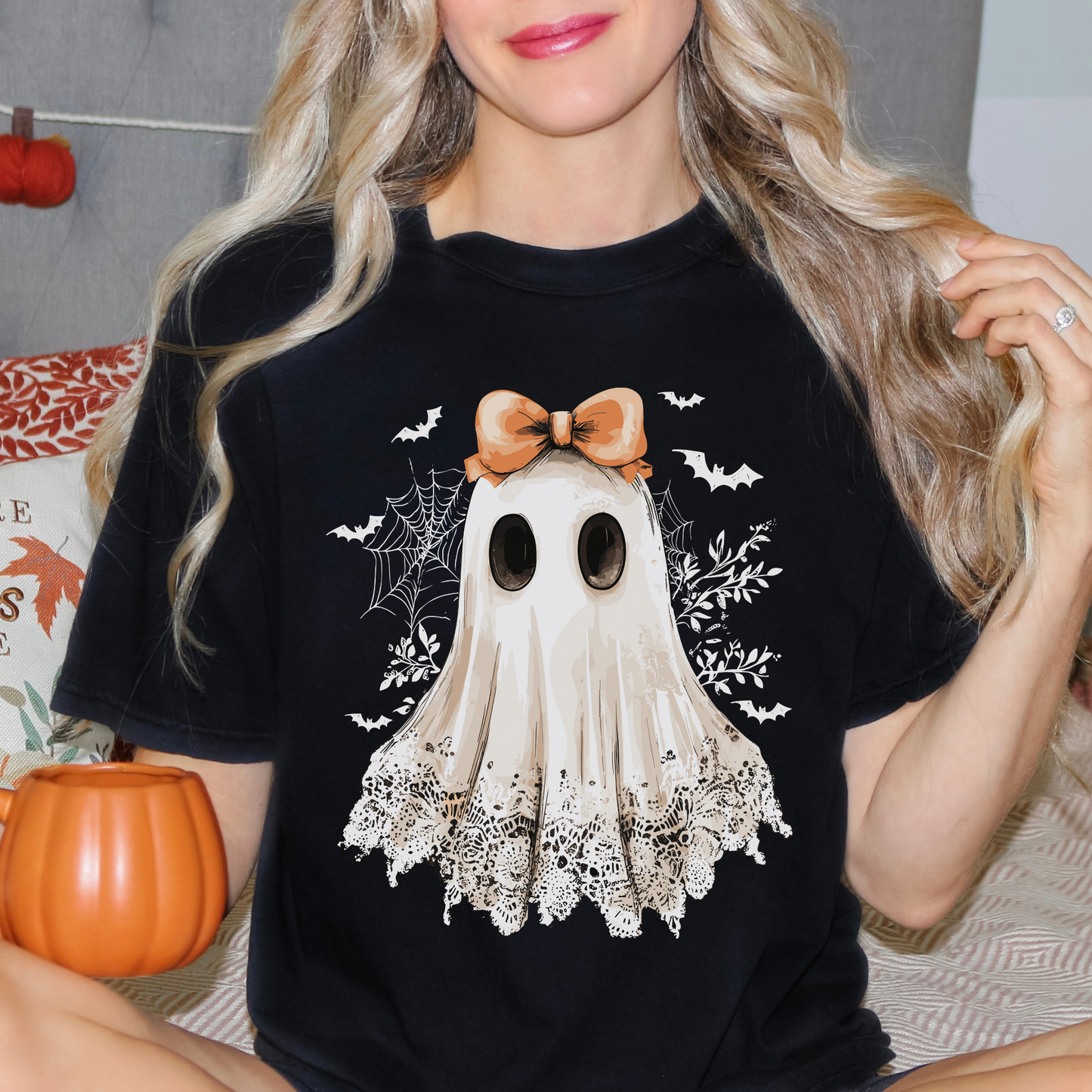 Halloween Ghost T Shirt Cute Bow Lace Graphic Tee Spooky Season Fall Top