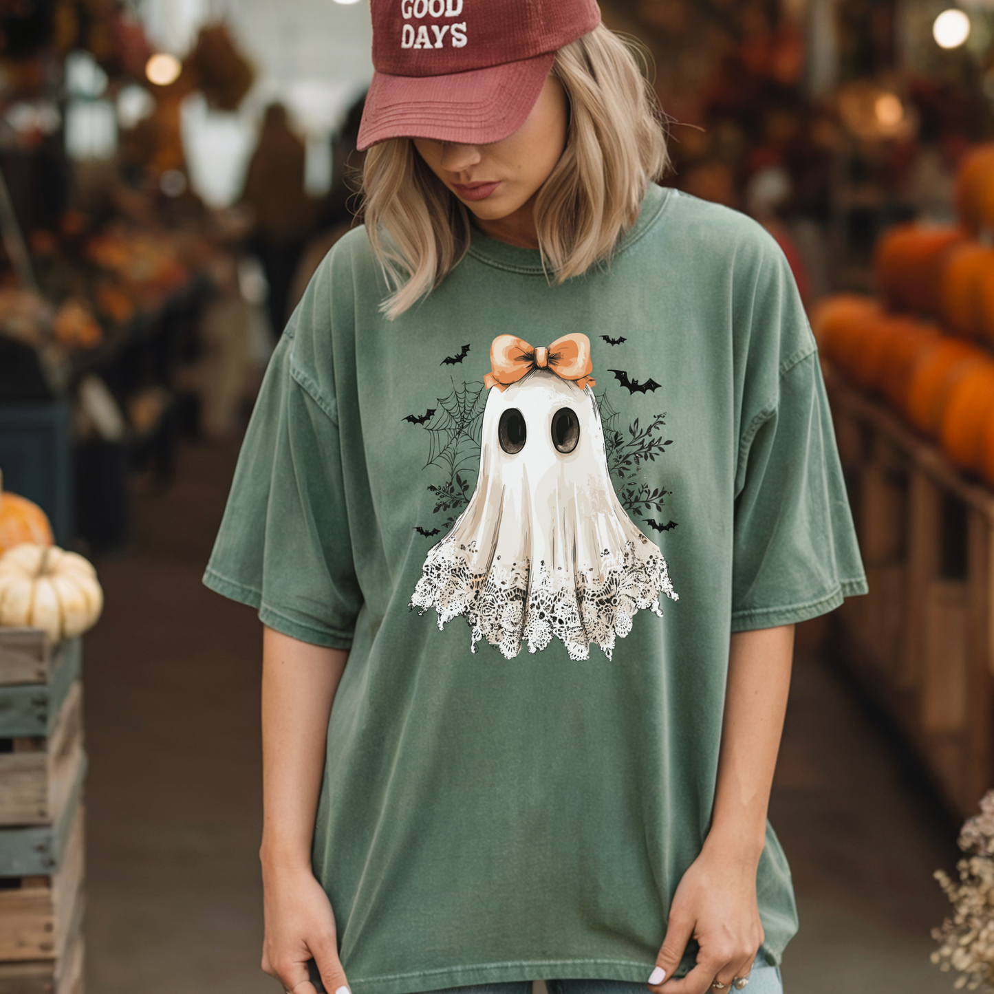 Halloween Ghost T Shirt Cute Bow Lace Graphic Tee Spooky Season Fall Top