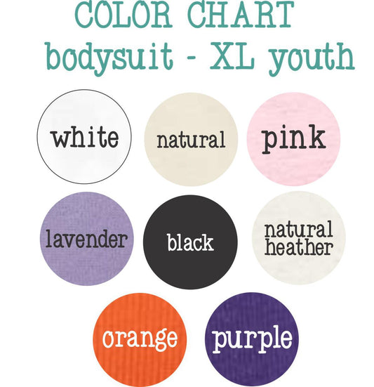 Color chart for a youth bodiesuit, including white, natural, pink, lavender, black, natural heater, orange, and purple.