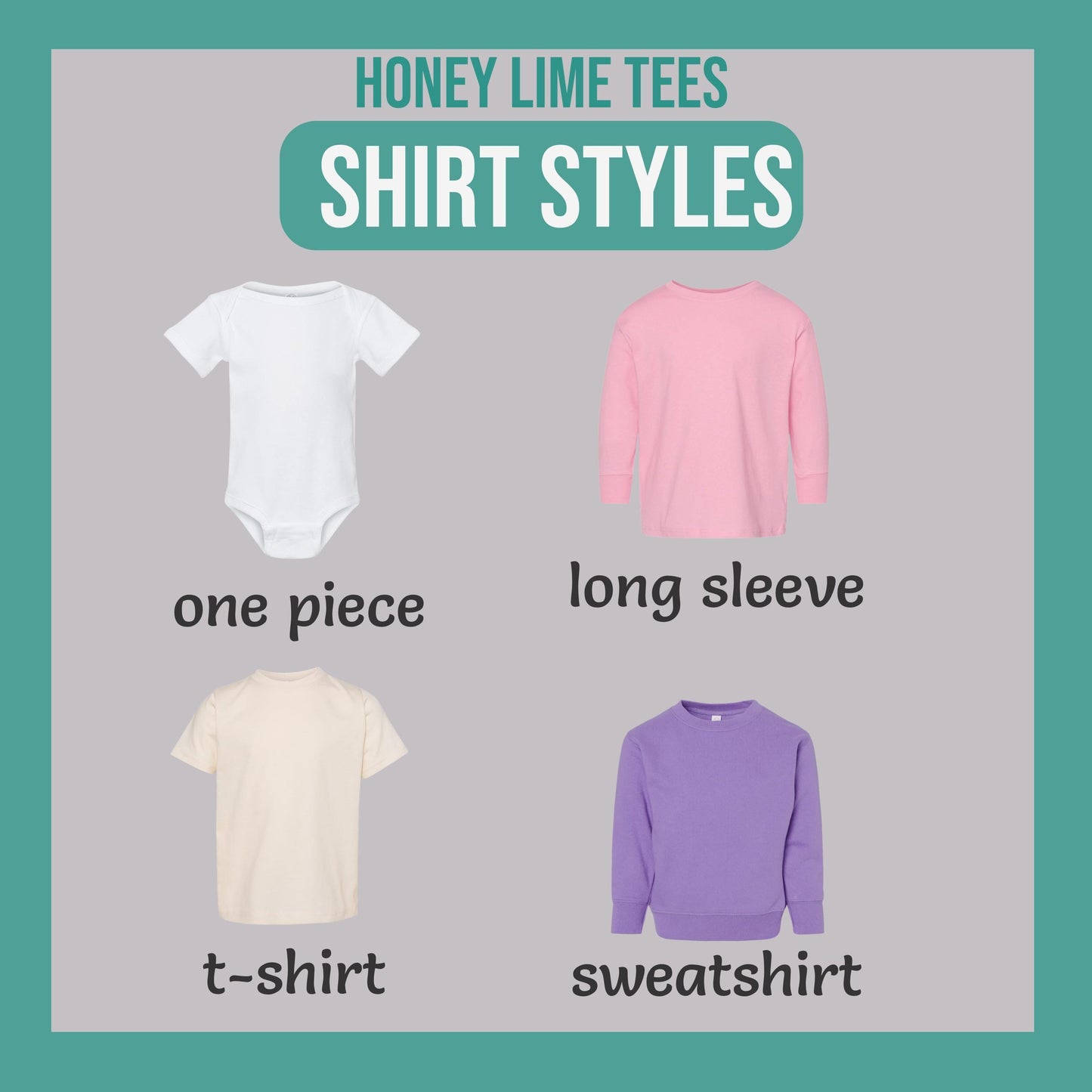 four different shirt styles: a white onesie, a pink long-sleeve shirt, a beige t-shirt, and a purple sweatshirt.