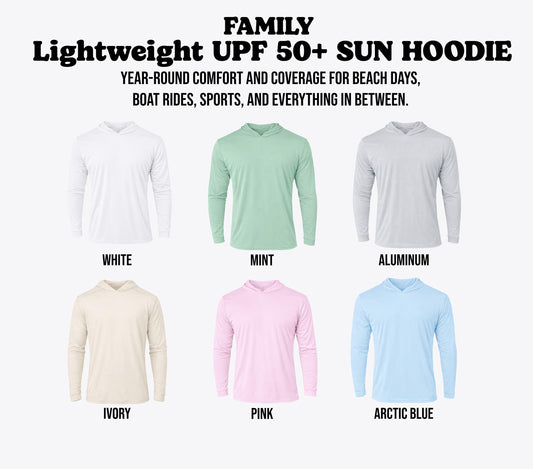six different styles of lightweight UFF 50+ sun hoodies, each in a different color, arranged in a grid.