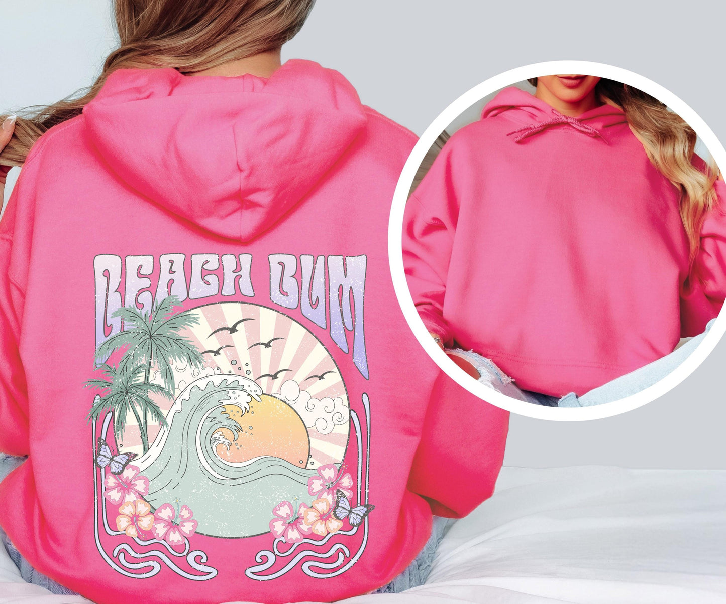 Beach Bum hoodie, coastal graphic sweatshirt, beach life pullover back print