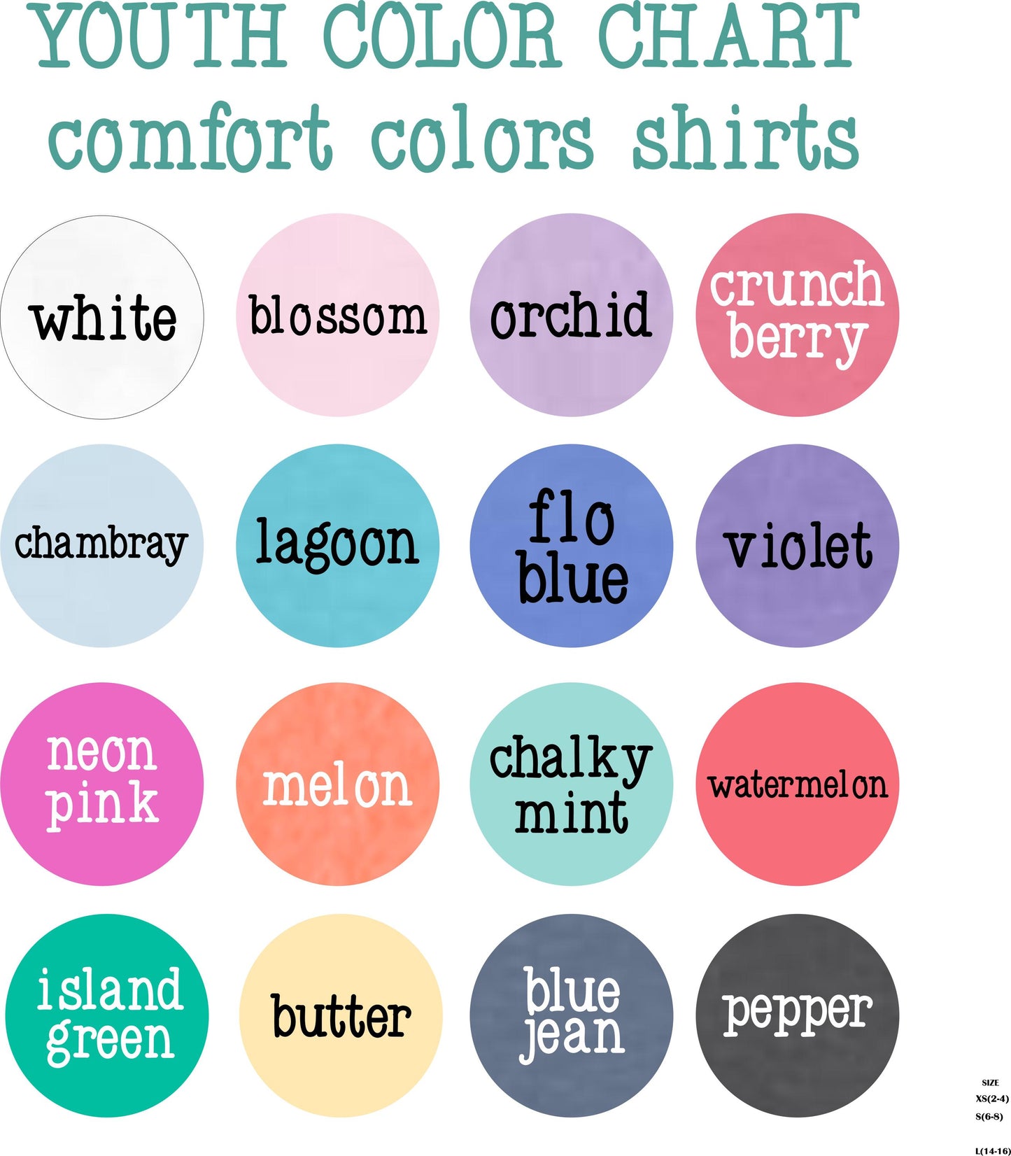 a youth color chart with various comfort colors for shirts, including white, pink, blue, green, and purple.