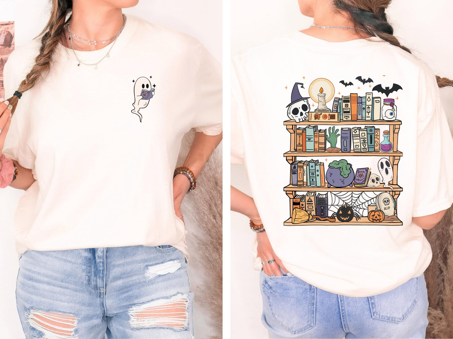 Spooky Bookshelf Halloween Shirt, Book Lover Halloween Shirt, Ghost Reading Shirt, Comfort Colors Tee