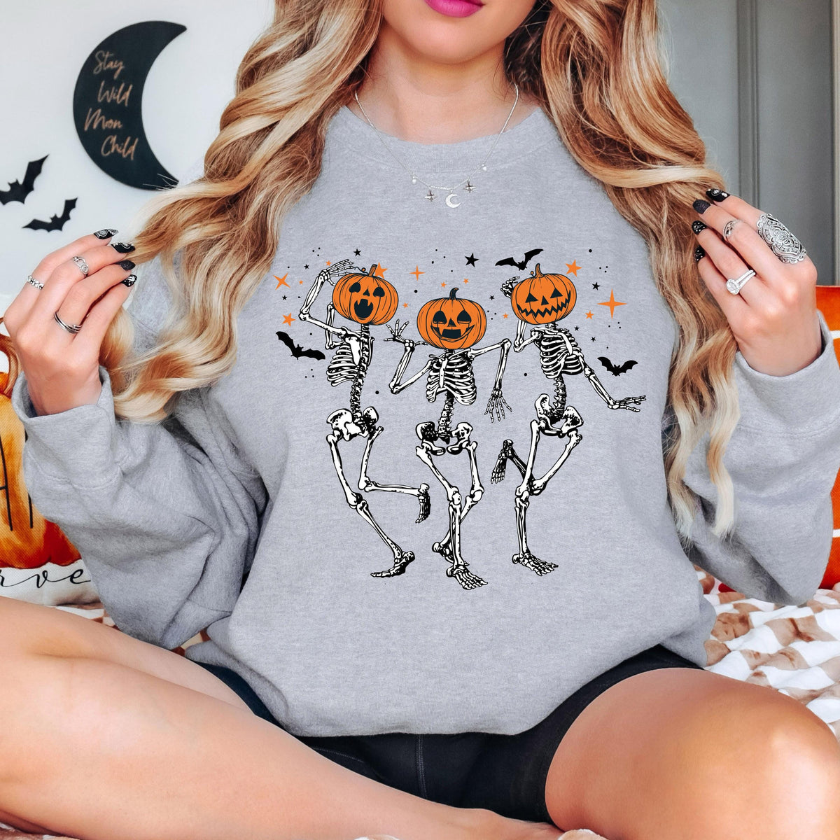 Pumpkin Skeleton Sweatshirt, Dancing Skeleton Crewneck, Cute Halloween Sweatshirt, Vintage Spooky Season Sweatshirt, Fall Crewneck