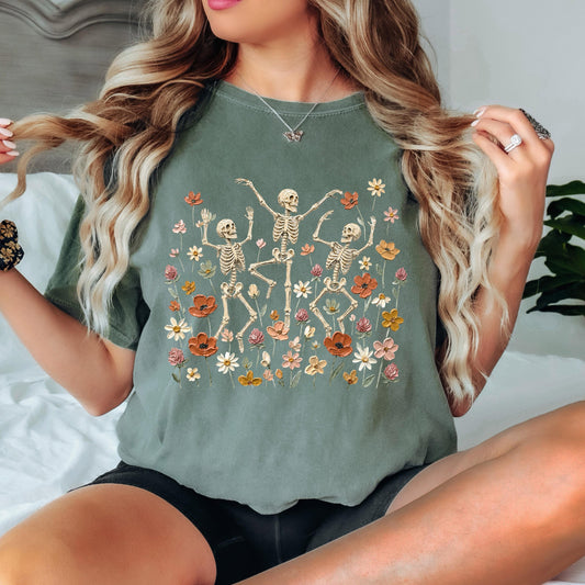Dancing Skeleton Shirt, Floral Skeleton Tee, Vintage Halloween Shirt, Spooky Wildflower Graphic T-Shirt