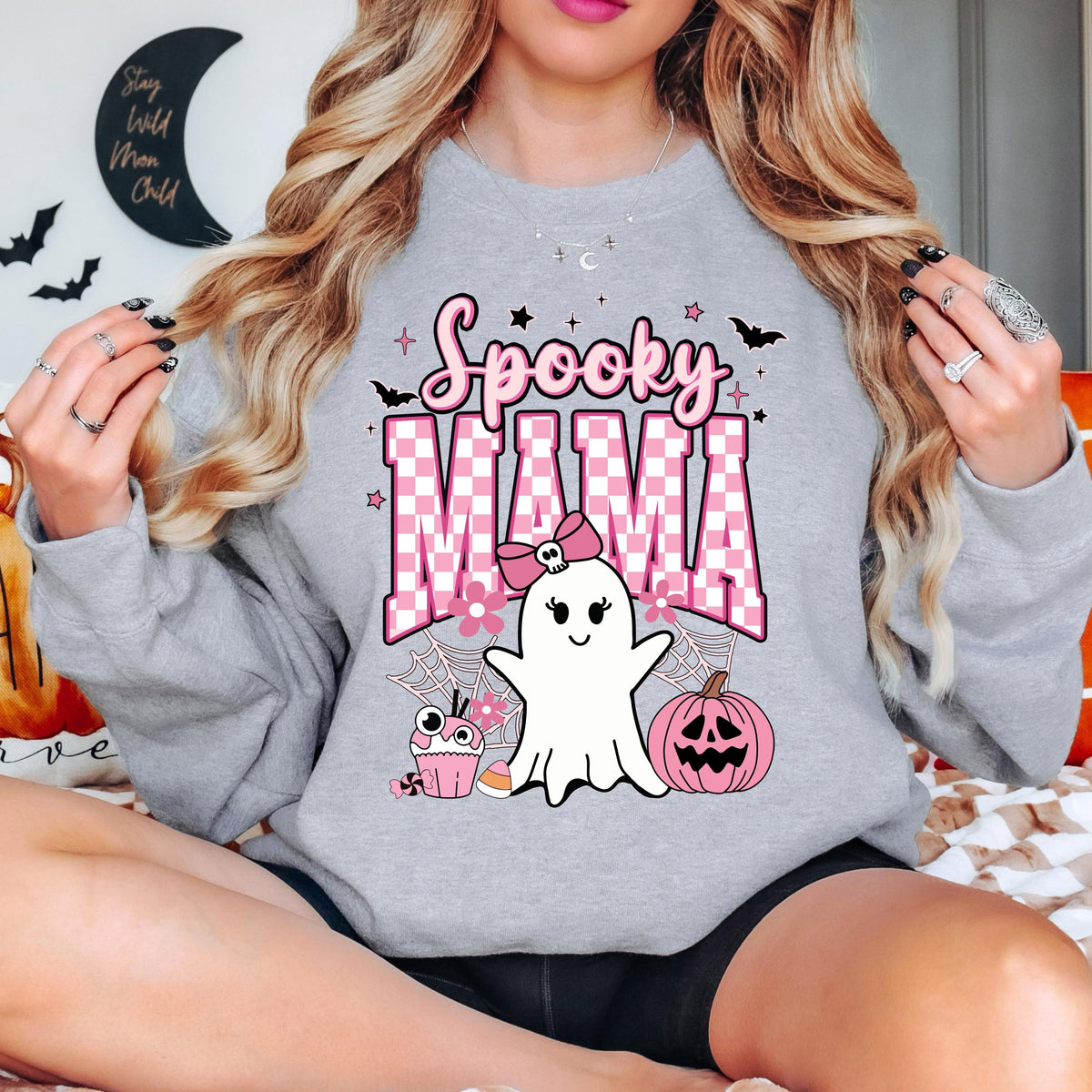 Spooky Mama Halloween Sweatshirt, Cute Ghost Crewneck, Pink Halloween Sweatshirt, Coquette Ghost Sweatshirt, Fall Gift