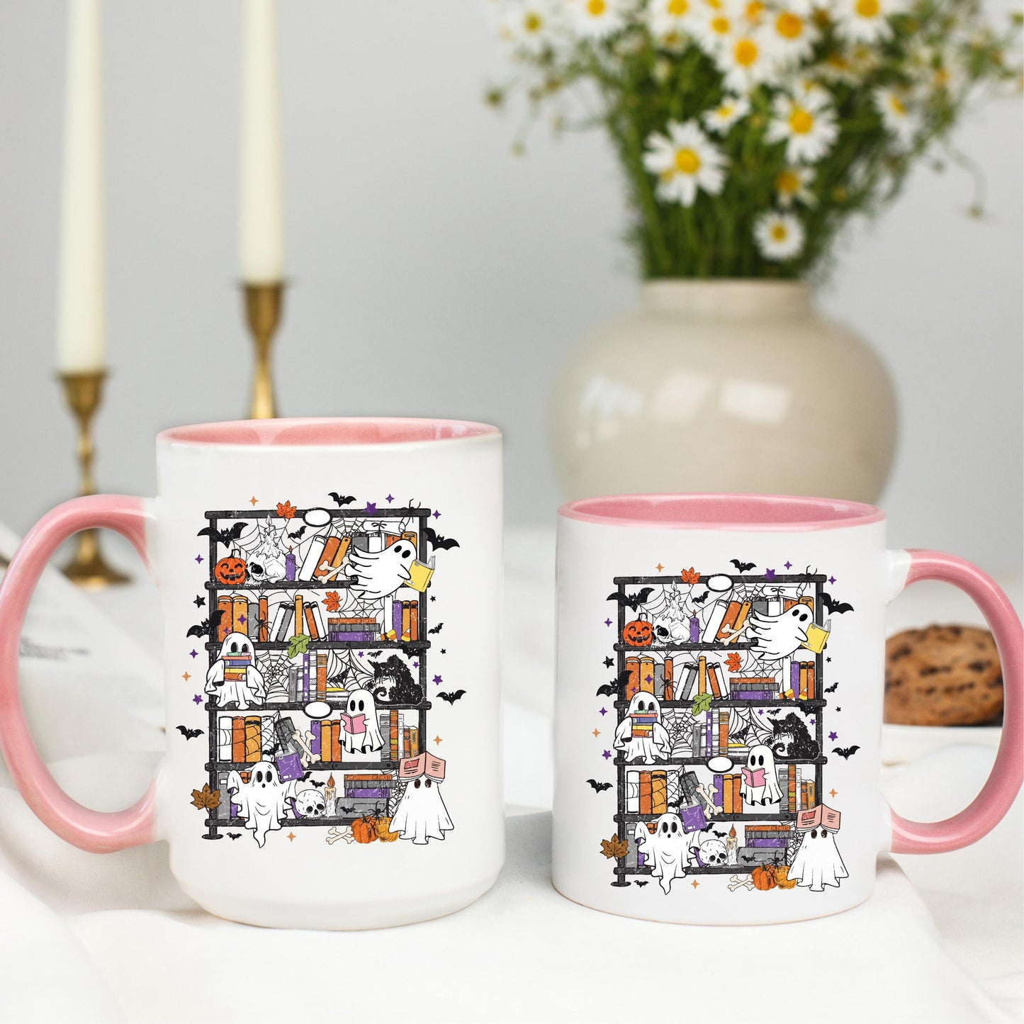 Ghost Bookshelf Coffee Mug, Halloween Ghost Mug, Book Lover Coffee Cup, Spooky Books Mug, Ceramic Mug, 11 oz Mug, 15 oz Mug