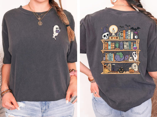 Spooky Bookshelf Halloween Shirt, Book Lover Halloween Shirt, Ghost Reading Shirt, Comfort Colors Tee