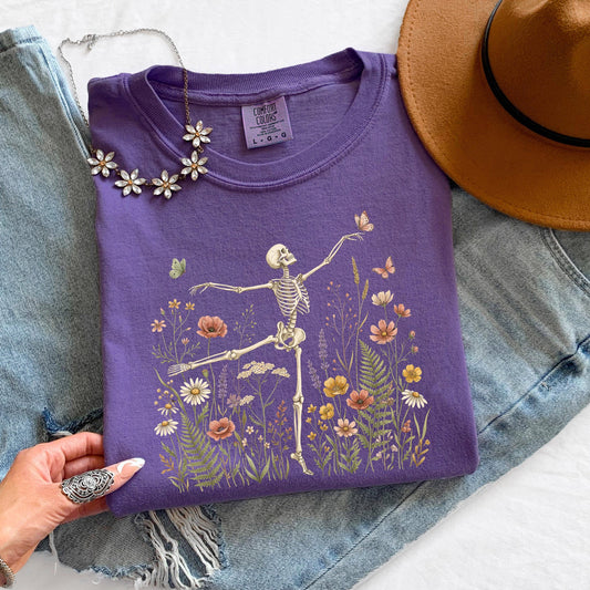 Dancing Skeleton Shirt, Floral Skeleton Tee, Halloween Skeleton Shirt, Wildflower Skeleton Tee, Comfort Colors Shirt