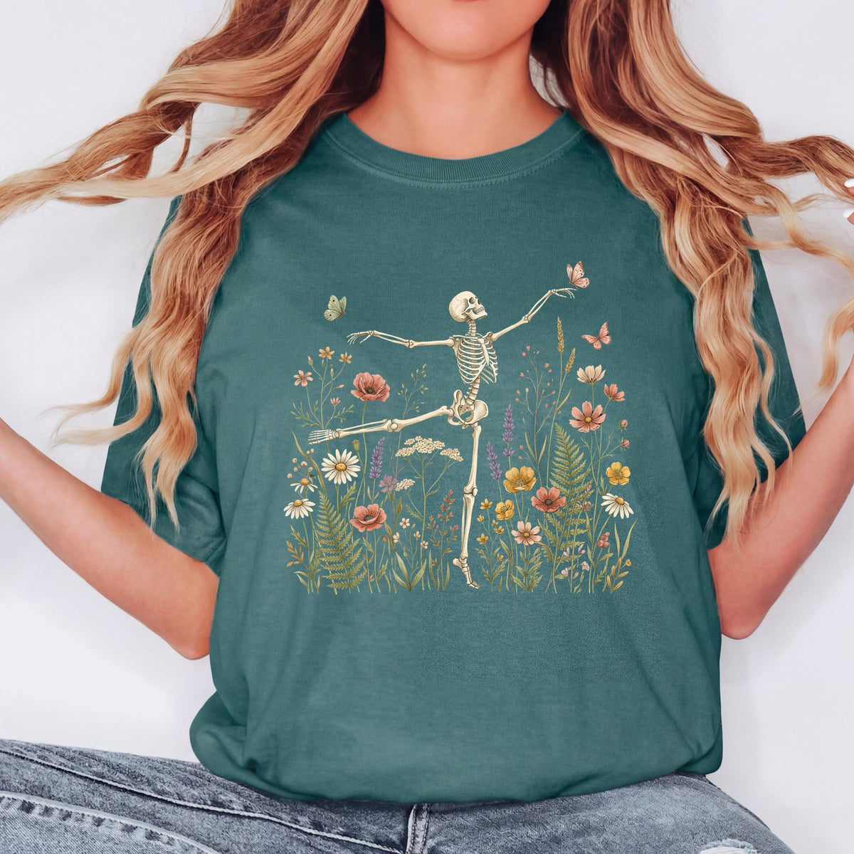 Dancing Skeleton Shirt, Floral Skeleton Tee, Halloween Skeleton Shirt, Wildflower Skeleton Tee, Comfort Colors Shirt