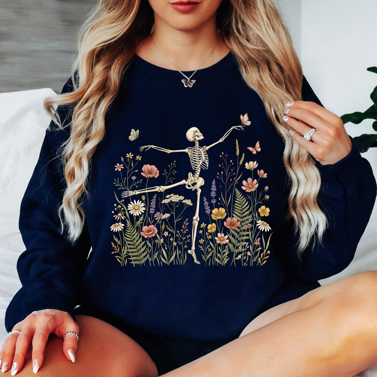 Dancing Skeleton Sweatshirt, Floral Skeleton Crewneck, Halloween Skeleton Sweatshirt, Wildflower Skeleton Pullover