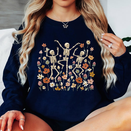 Dancing Skeleton Sweatshirt, Floral Skeleton Crewneck, Spooky Wildflower Sweatshirt, Vintage Halloween Sweatshirt