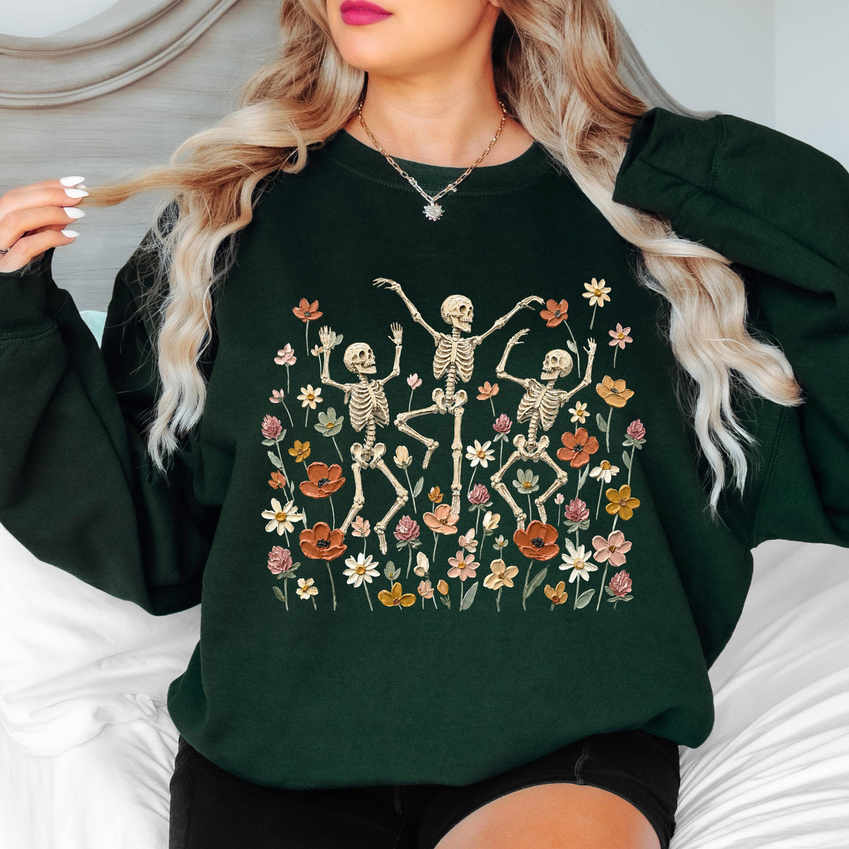 Dancing Skeleton Sweatshirt, Floral Skeleton Crewneck, Spooky Wildflower Sweatshirt, Vintage Halloween Sweatshirt