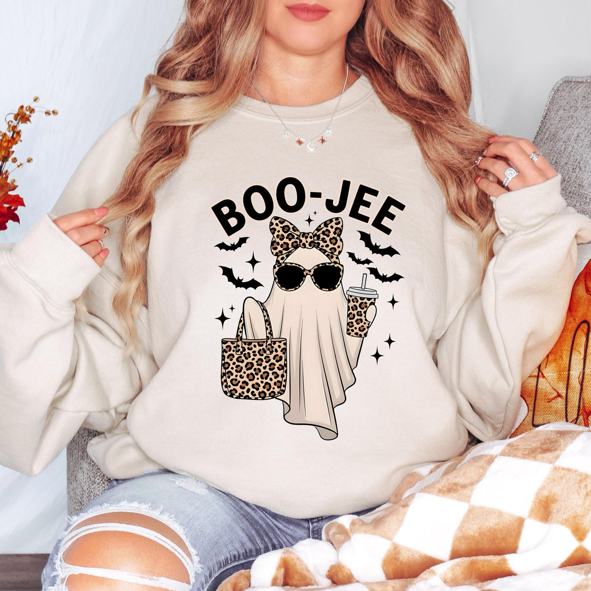 Boo Jee Halloween Sweatshirt, Cute Ghost Crewneck, Leopard Print Ghost Sweatshirt, Funny Spooky Season Pullover