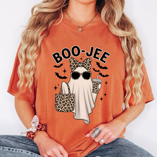 Boo Jee Halloween Shirt, Cute Ghost T Shirt, Leopard Print Ghost Tee, Funny Spooky Season Graphic Shirt