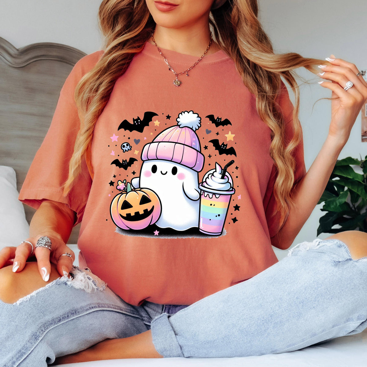 Cute Ghost Halloween Shirt, Kawaii Ghost T-Shirt, Pumpkin Ghost Graphic Tee, Cozy Fall Halloween Shirt, Spooky Season