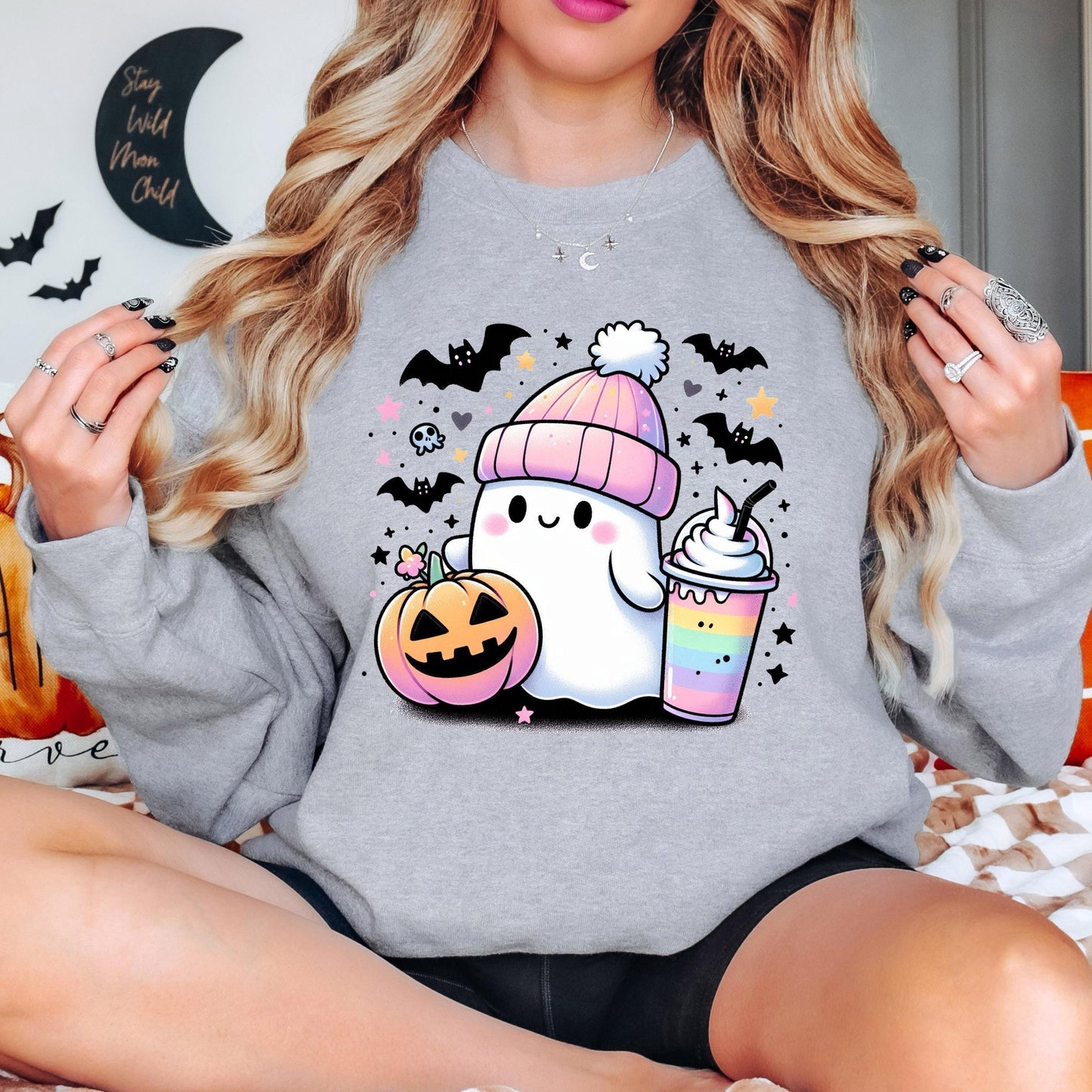 Cute Ghost Halloween Sweatshirt, Kawaii Ghost Crewneck, Pumpkin Ghost Sweatshirt, Cozy Fall Sweatshirt, Spooky Season Gift