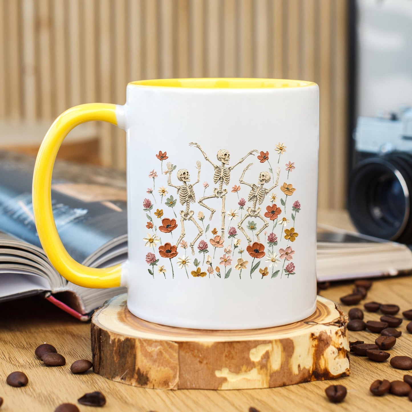 Dancing Skeleton Coffee Mug, Floral Skeleton Mug, Skeleton Coffee Cup, Spooky Mug, Ceramic Mug, 11 oz Mug, 15 oz Mug