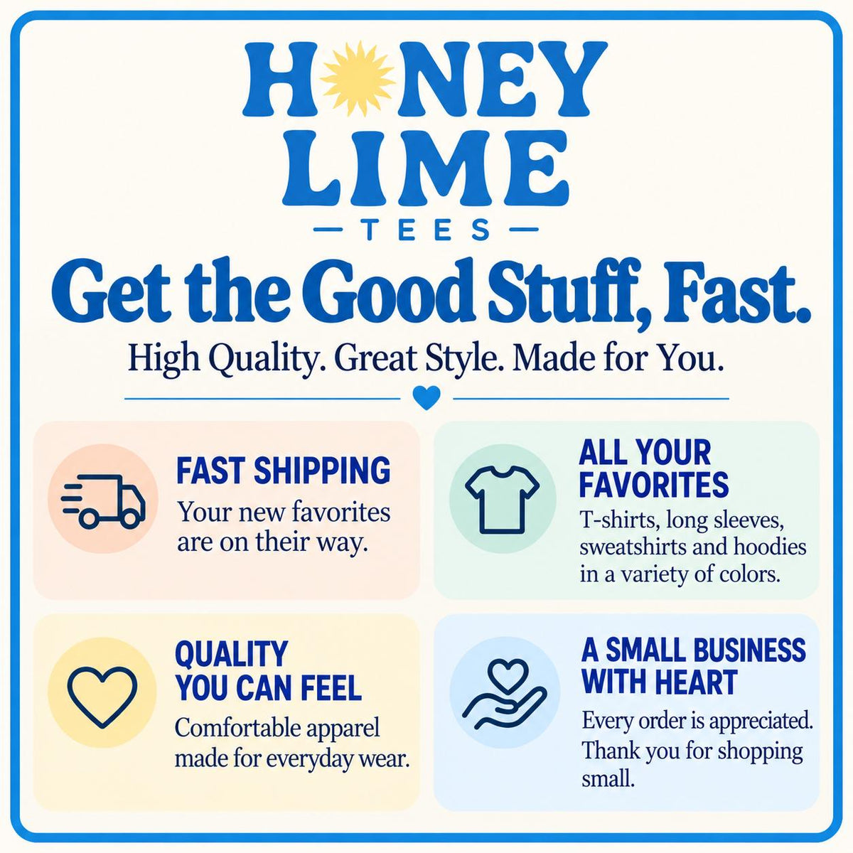 The image is an advertisement for Honey Lime Tees, highlighting their features and benefits.