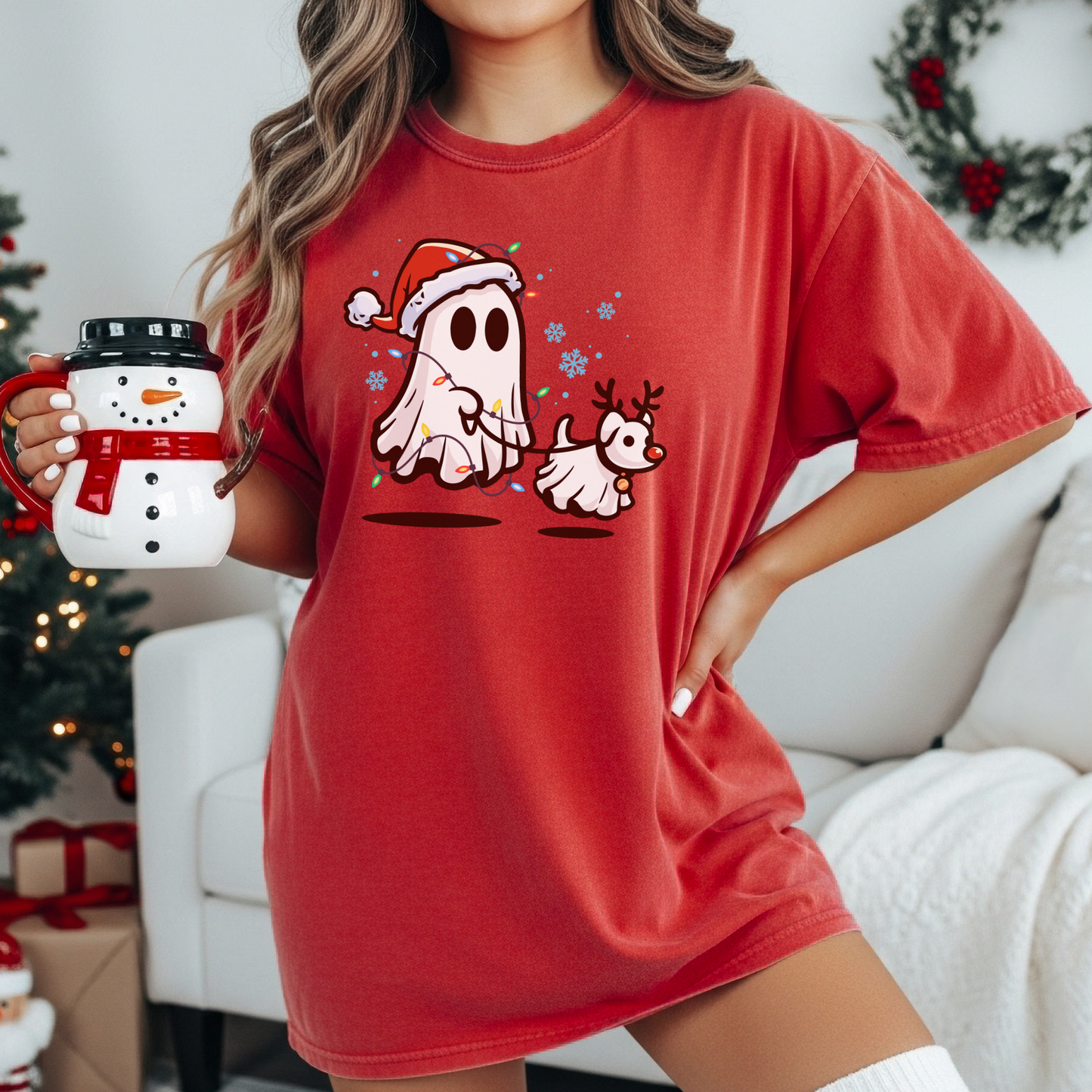 Christmas Ghost and Reindeer Holiday T-shirt