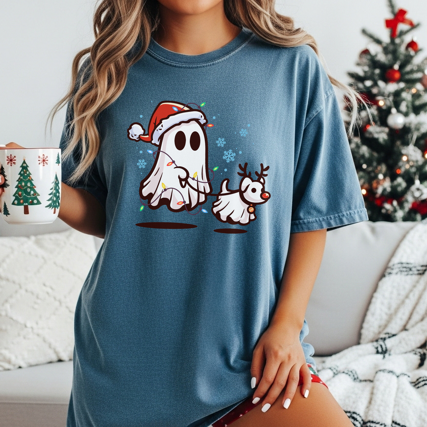 Christmas Ghost and Reindeer Holiday T-shirt