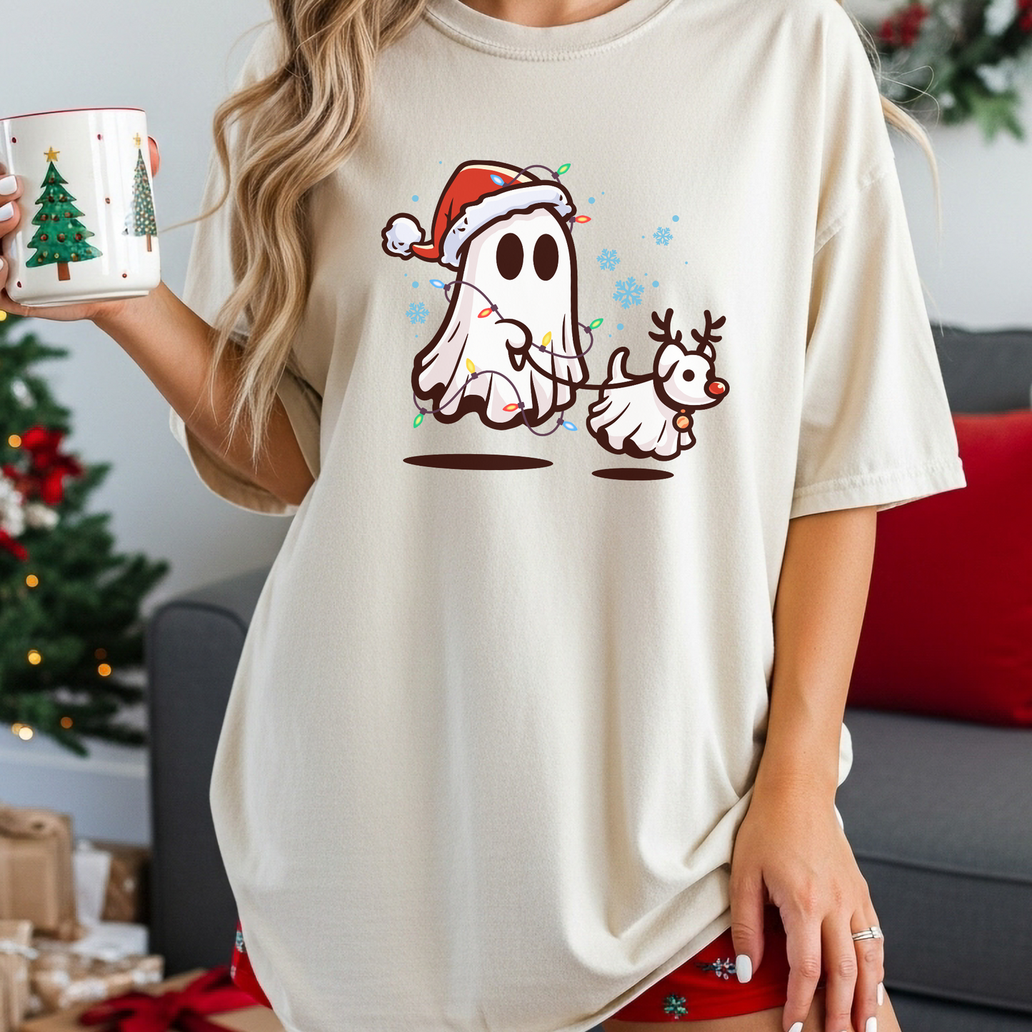 Christmas Ghost and Reindeer Holiday T-shirt