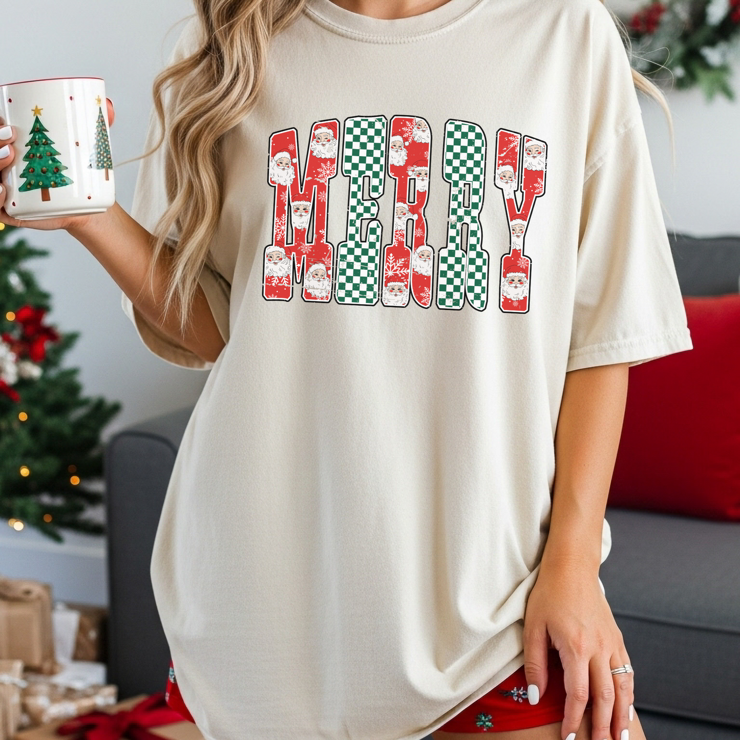 Merry Christmas Santa Checkered T Shirt