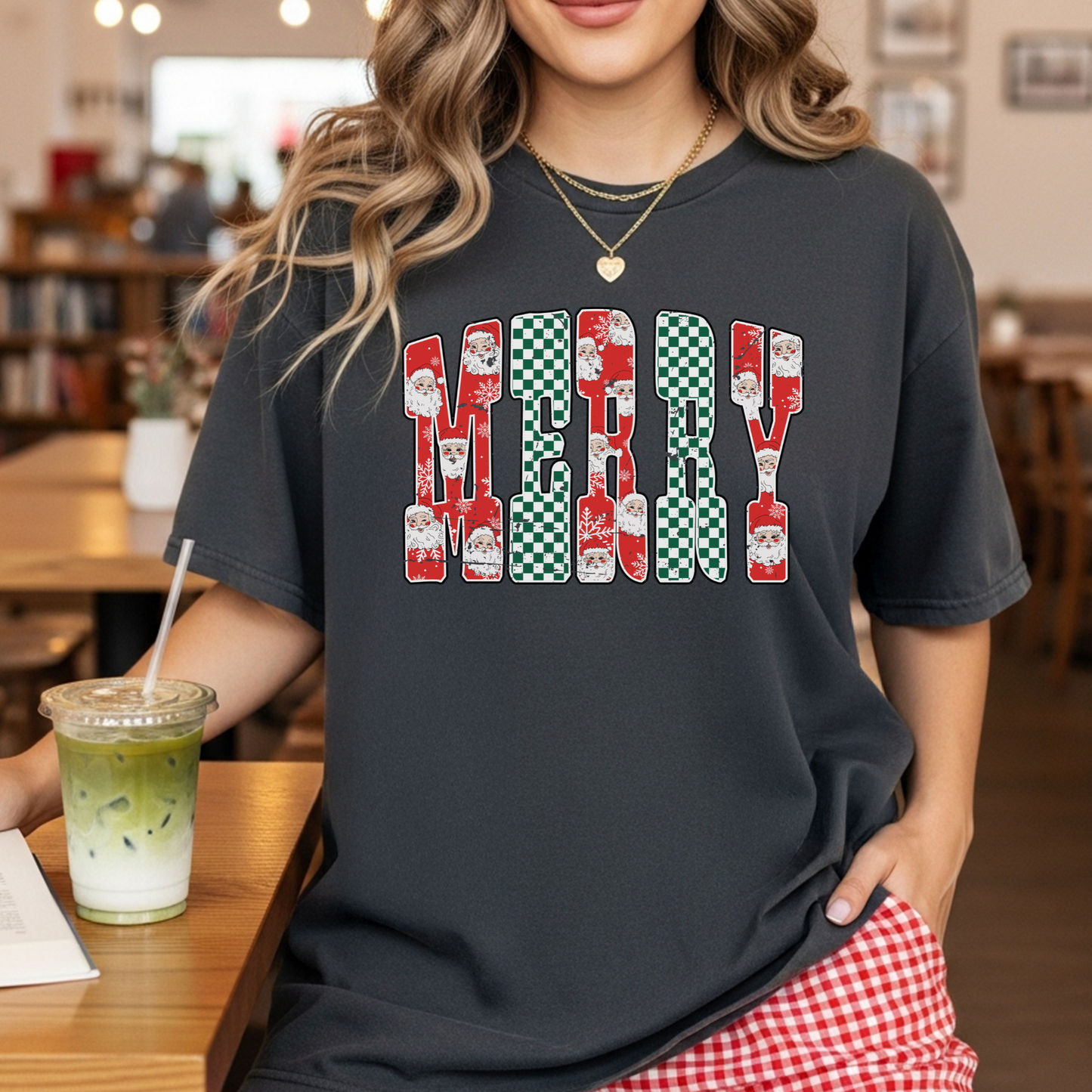 Merry Christmas Santa Checkered T Shirt