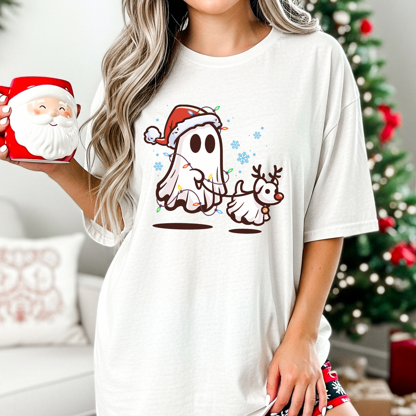 Christmas Ghost and Reindeer Holiday T-shirt