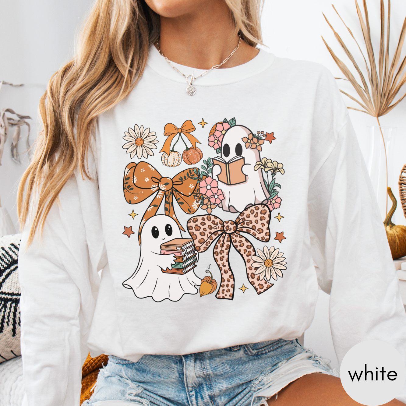 Ghost and Books and Bows Halloween Long Sleeve Shirt