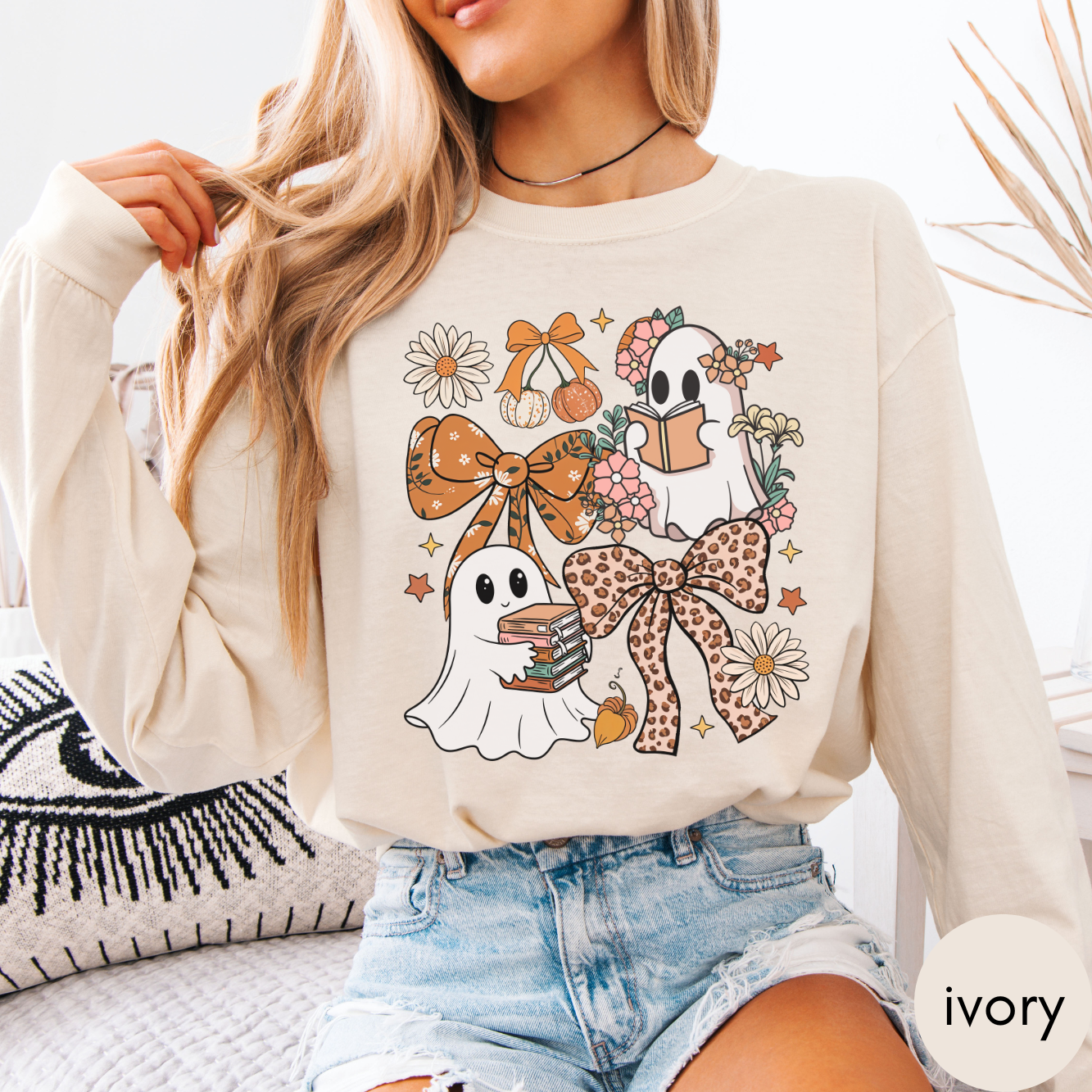 Ghost and Books and Bows Halloween Long Sleeve Shirt