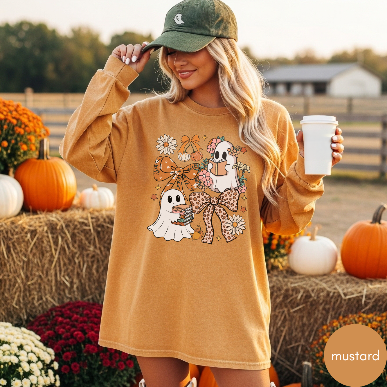 Ghost and Books and Bows Halloween Long Sleeve Shirt