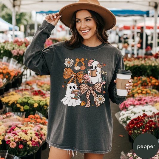 Ghost and Books and Bows Halloween Long Sleeve Shirt