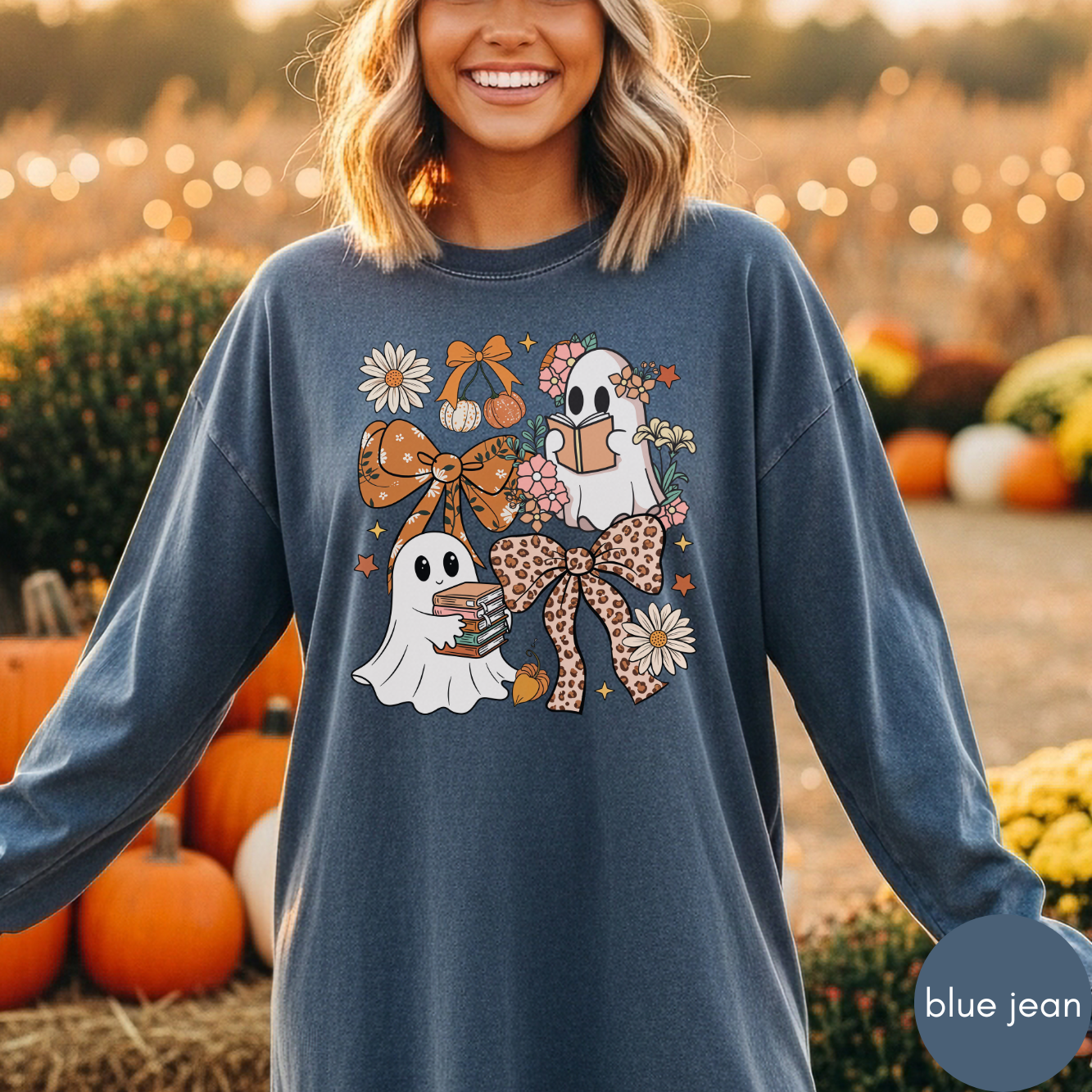 Ghost and Books and Bows Halloween Long Sleeve Shirt