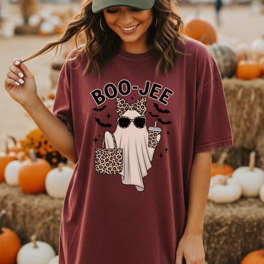 Boo Jee Ghost T Shirt Funny Leopard Print Halloween Graphic Tee Spooky Top