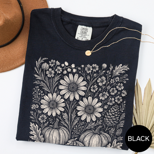 Fall Pumpkin Flower T Shirt Autumn Floral Graphic Tee Thanksgiving Harvest Top