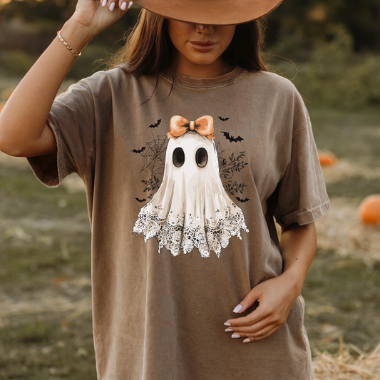 Halloween Ghost T Shirt Cute Bow Lace Graphic Tee Spooky Season Fall Top