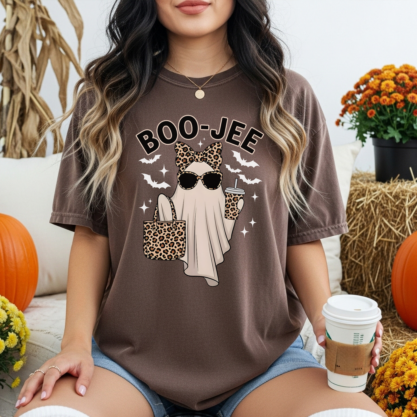 Boo Jee Ghost T Shirt Funny Leopard Print Halloween Graphic Tee Spooky Top