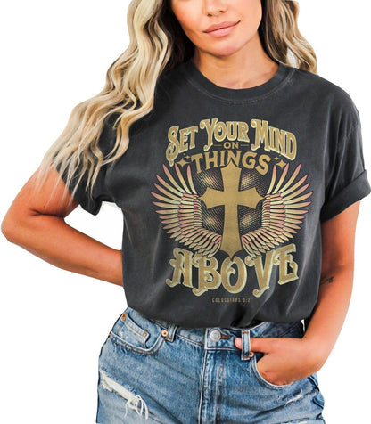 Christian Shirts Religious Tshirt Christian T Shirts Boho Christian Shirt Bible Verse Shirt Set Your Mind on Things Above Christian Shirt