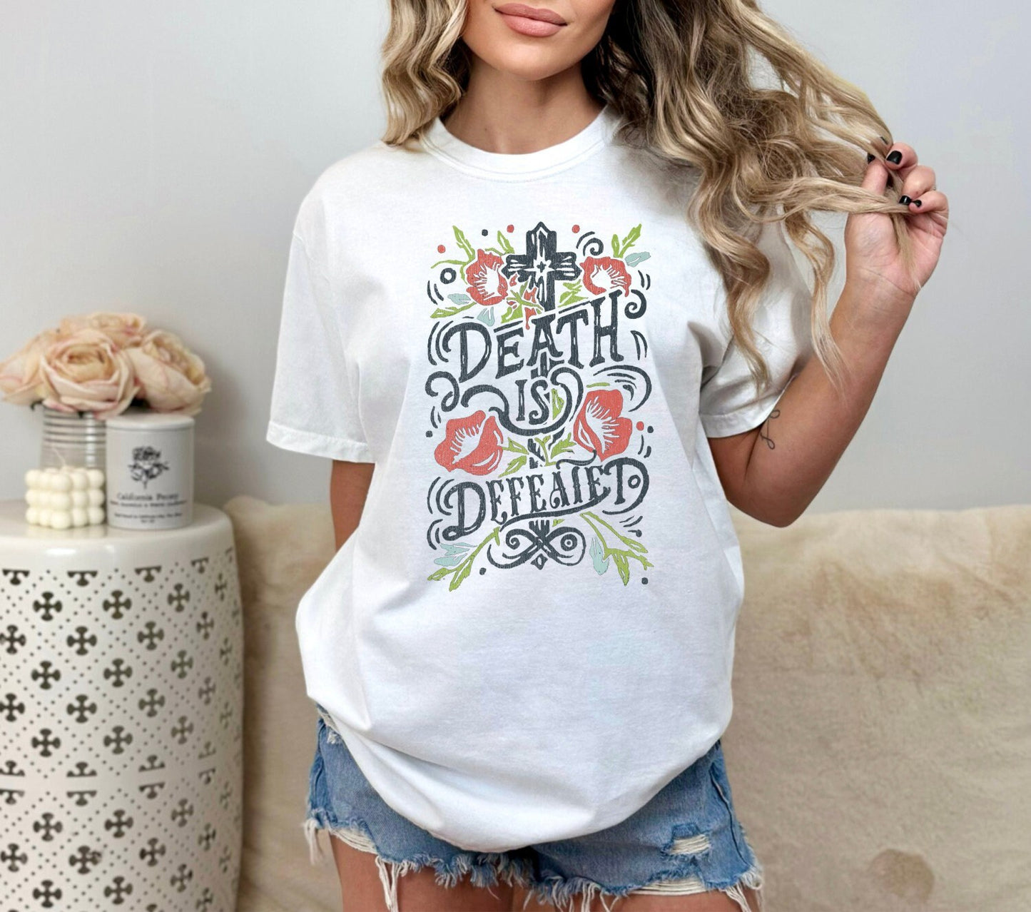 Christian Shirts Boho Christian Shirt Religious Tshirt Christian T Shirts Bible Verse Shirt Death is Defeated Shirt