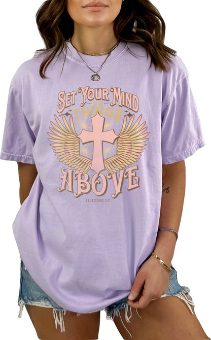 Christian Shirts Religious Tshirt Christian T Shirts Boho Christian Shirt Bible Verse Shirt Set Your Mind on Things Above Christian Shirt