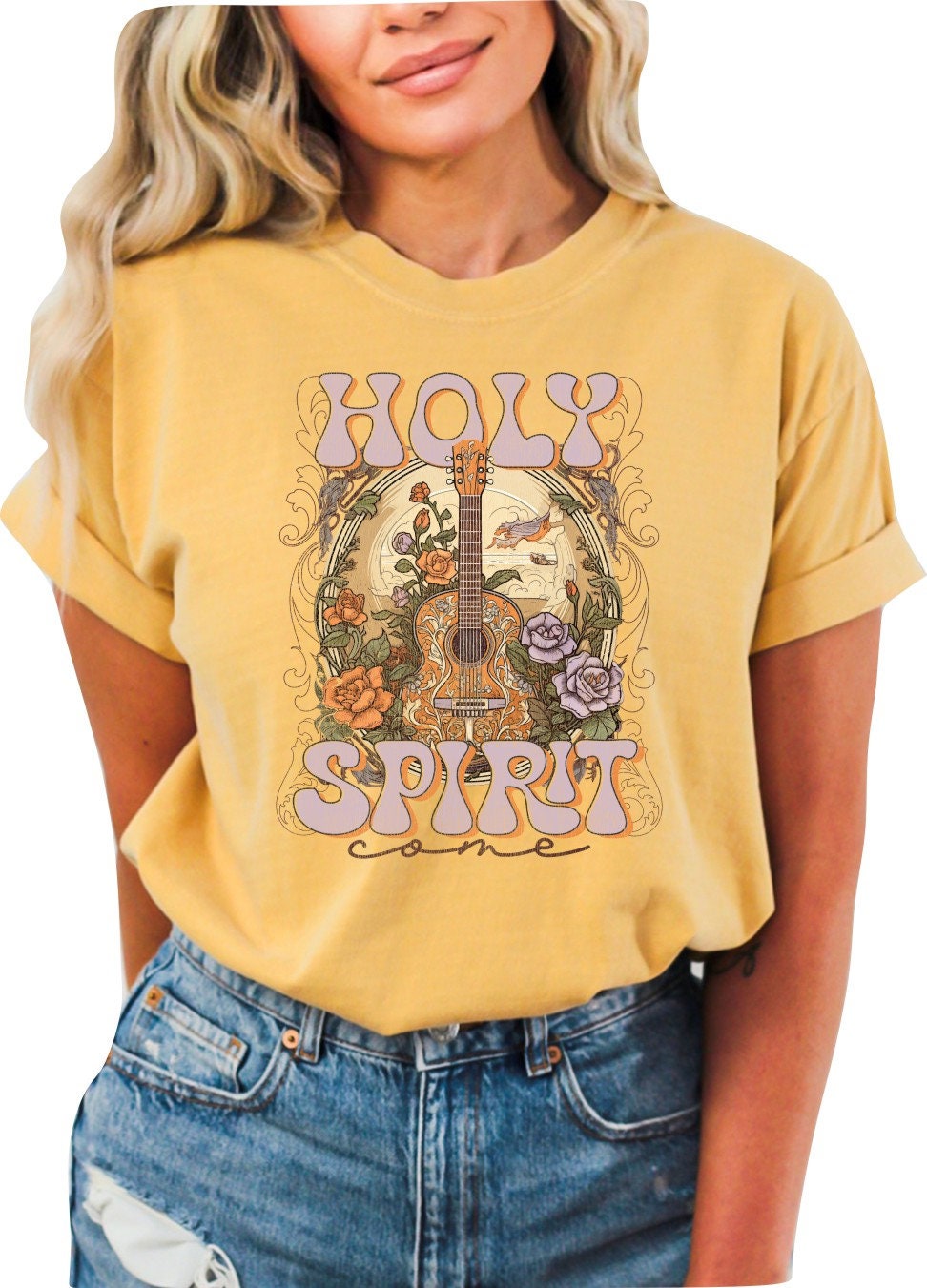 Christian Shirts Boho Christian Shirt Religious Tshirt Christian T Shirts Bible Verse Shirt Holy Spirit Come Guitar Shirt