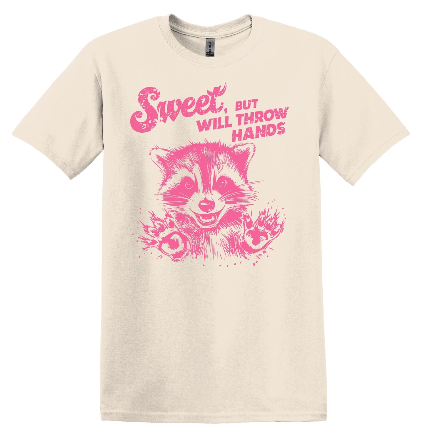 Sweet But Will Throw Hands Raccoon Pink Shirt Graphic Shirt Retro Adult Shirt Vintage T-Shirt Cotton Tee Meme Shirt Trendy Shirt Funny Gift