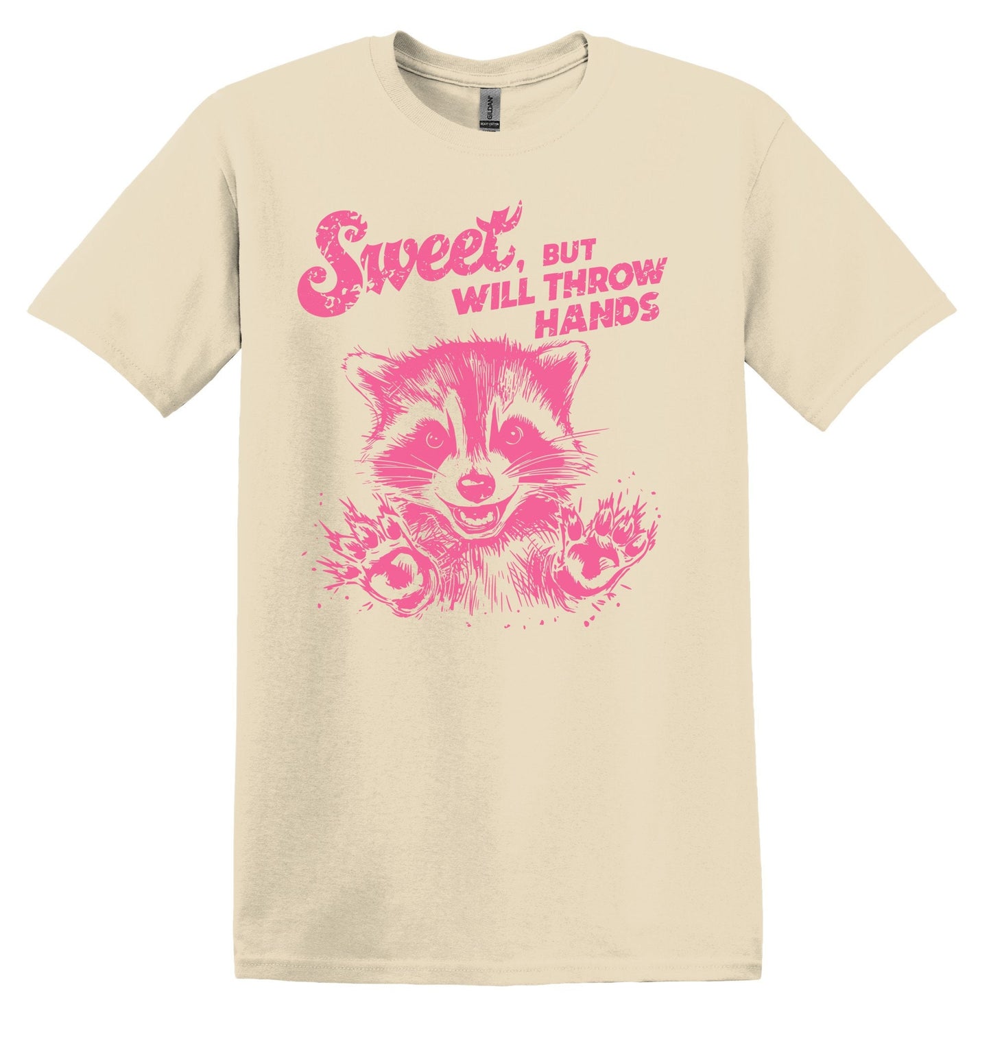 Sweet But Will Throw Hands Raccoon Pink Shirt Graphic Shirt Retro Adult Shirt Vintage T-Shirt Cotton Tee Meme Shirt Trendy Shirt Funny Gift