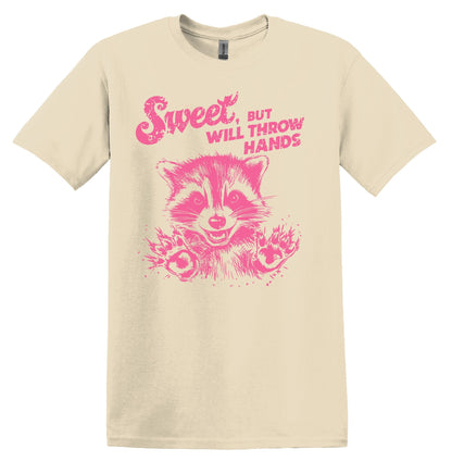 Sweet But Will Throw Hands Raccoon Pink Shirt Graphic Shirt Retro Adult Shirt Vintage T-Shirt Cotton Tee Meme Shirt Trendy Shirt Funny Gift